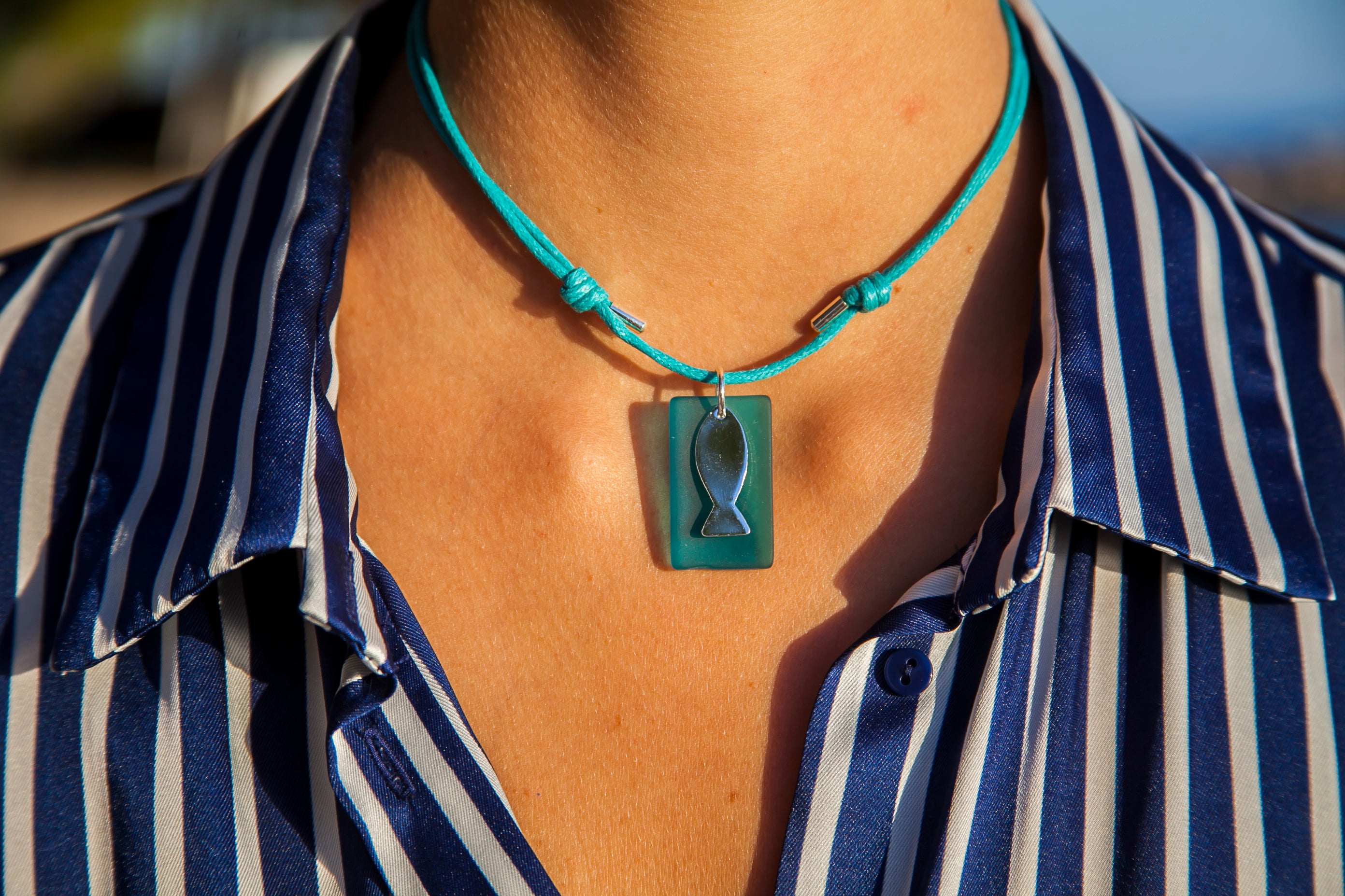 Rectangular beach glass fish necklace